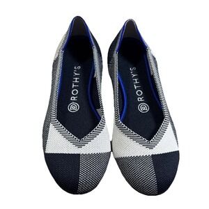 ROTHY'S The Flat Cap Round Toe Shoes Black Cream Plaid size 7 Slip Ons‎